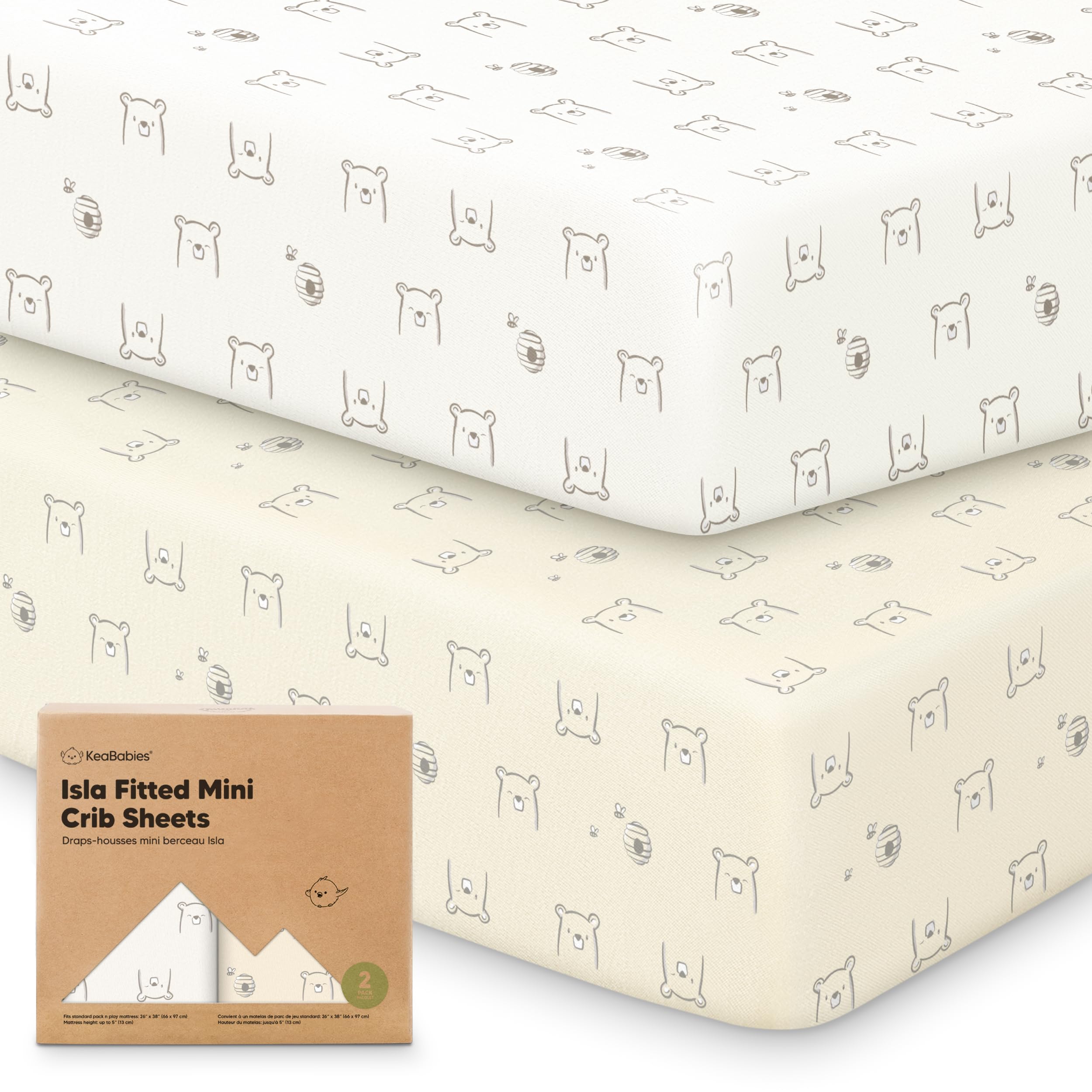 Photo 1 of Pack and Play Sheets Fitted - 2-Pack Mini Crib Sheets for Pack N Play Mattress 38x26, Soft & Cozy, Neutral Toddler Playard Bedding, Snug Fitted Mini Baby Crib Mattress Cover Boy, Girl (Bumble Bear)