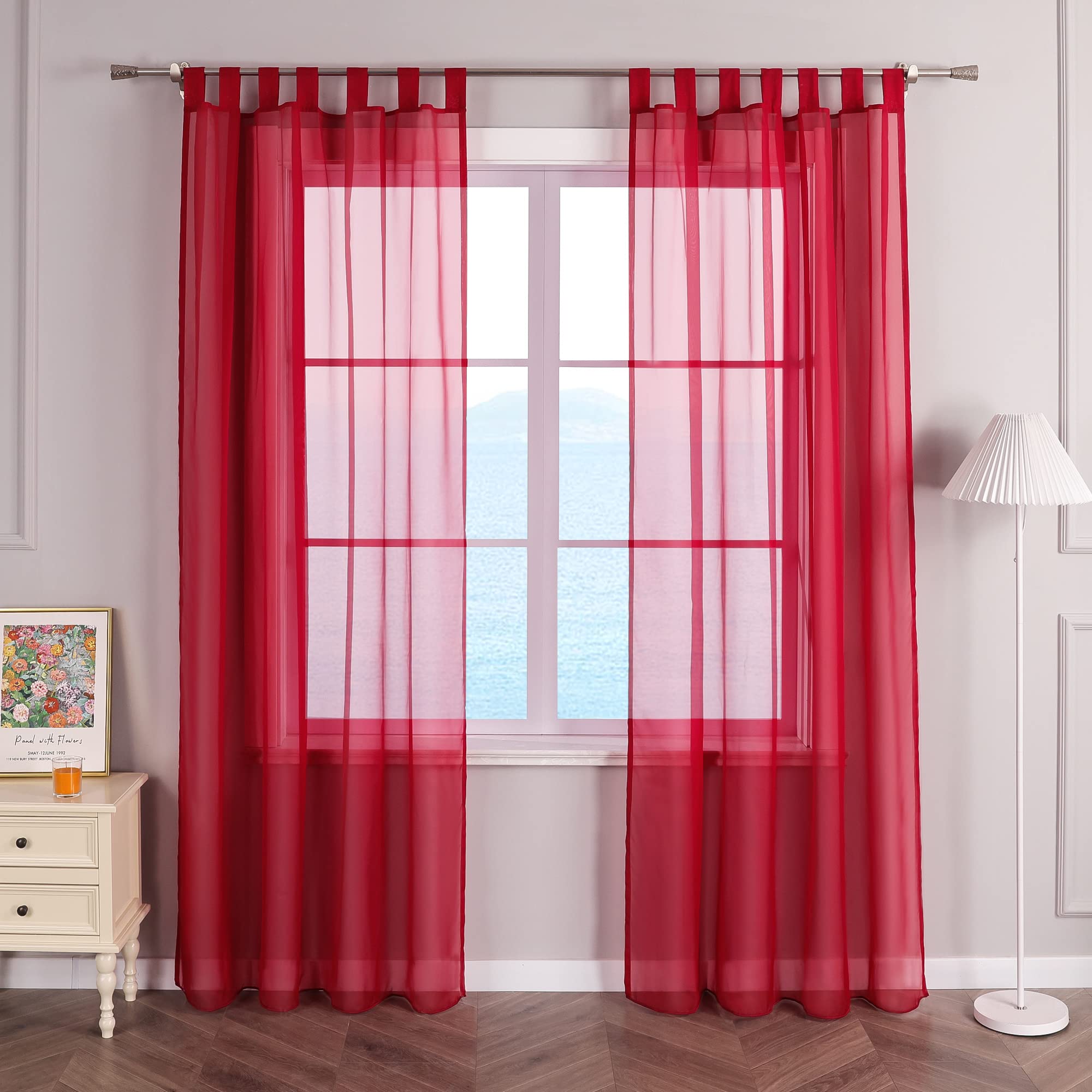 ESLIR Curtains with Tabs Window Curtain Transparent Voile Red W x H 140 x 145 cm Pack of 1