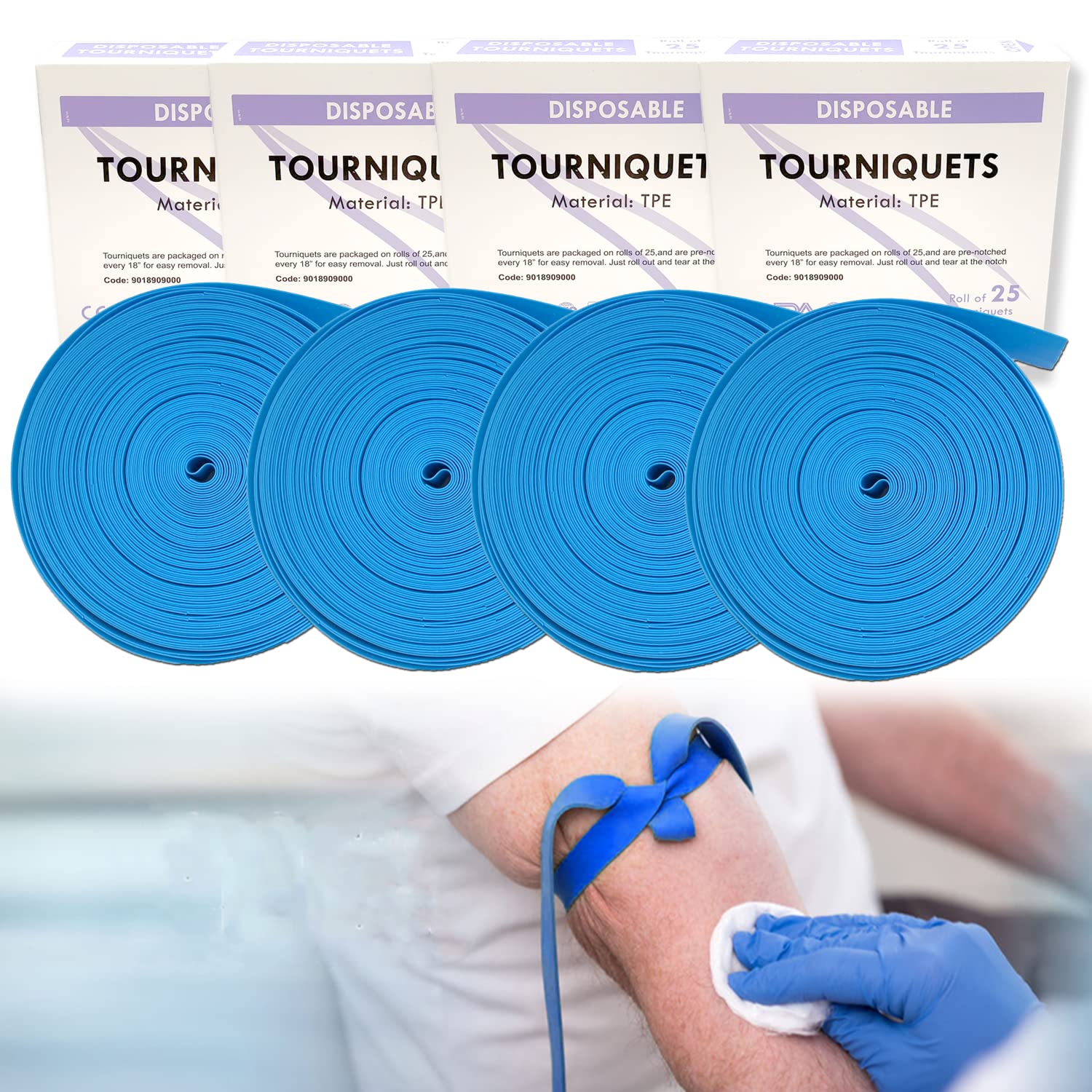 Med Tourniquet - Disposable, Latex Free, TPE, 18 Inch Long, 4 Rolls of 100 pcs, Blue (4)