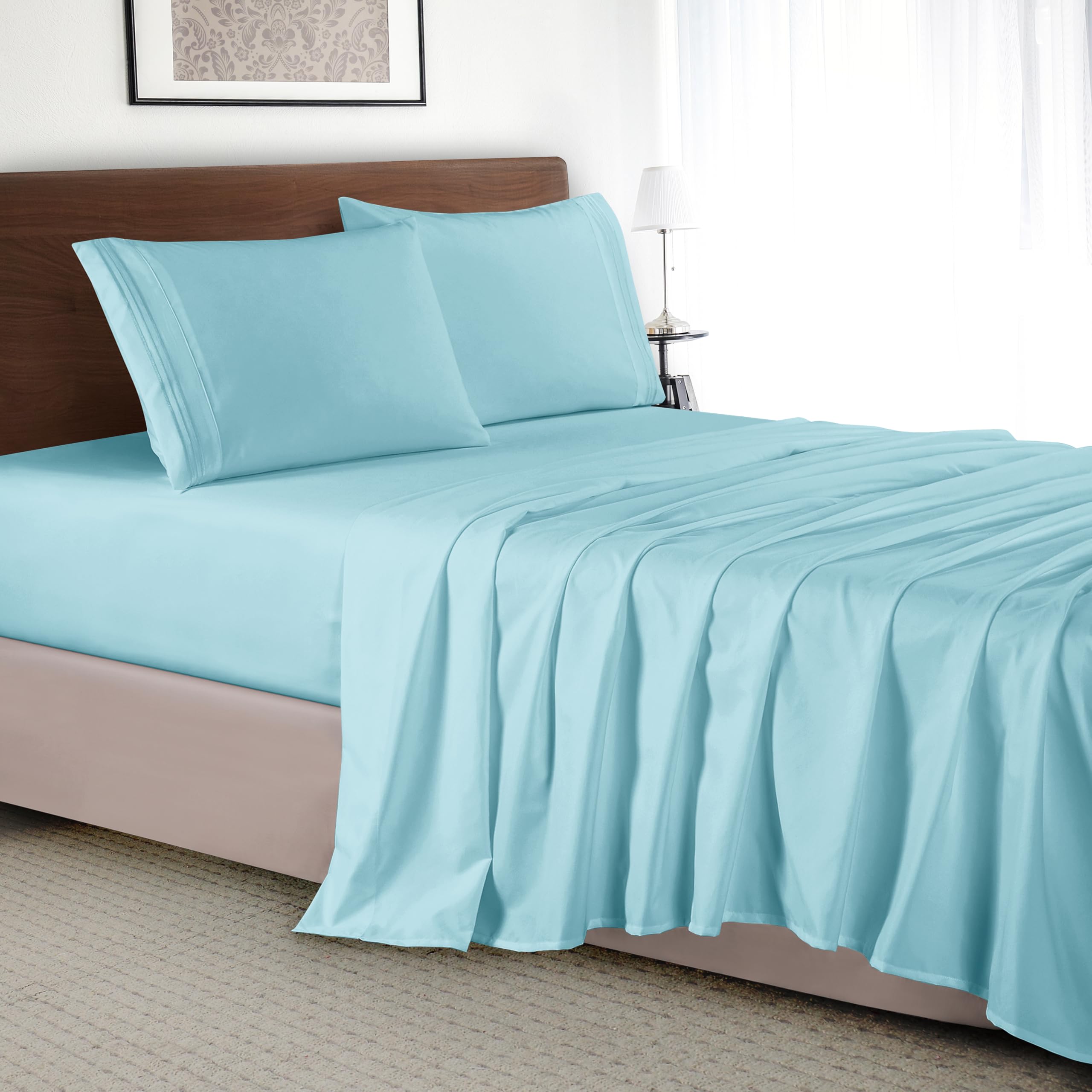 Elegant Comfort Luxury 4-Piece Bed Sheet Set - Luxury Bedding 1500 Premium Hotel Quality Microfiber, Wrinkle Resistant Cool & Breathable, Easy Elastic Fitted, Queen, Baby Blue