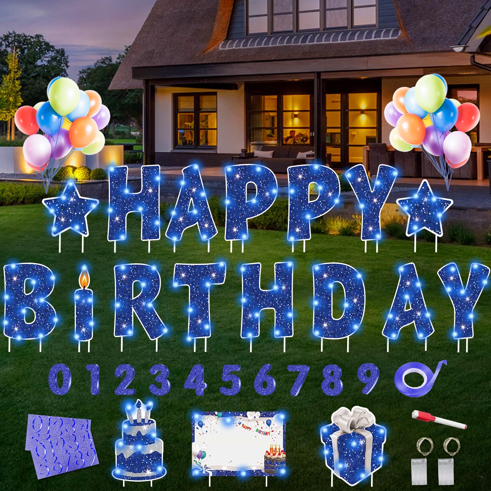 Photo 1 of Rtshuok 18 Pcs Happy Birthday Yard Sign with 32.8 ft Led Light, 16” Large Size Happy Birthday Yard Sign with Stakes, Weatherproof Personalized Birthday Yard Signs, Outdoor Lawn Garden Party Decoration(Blue)