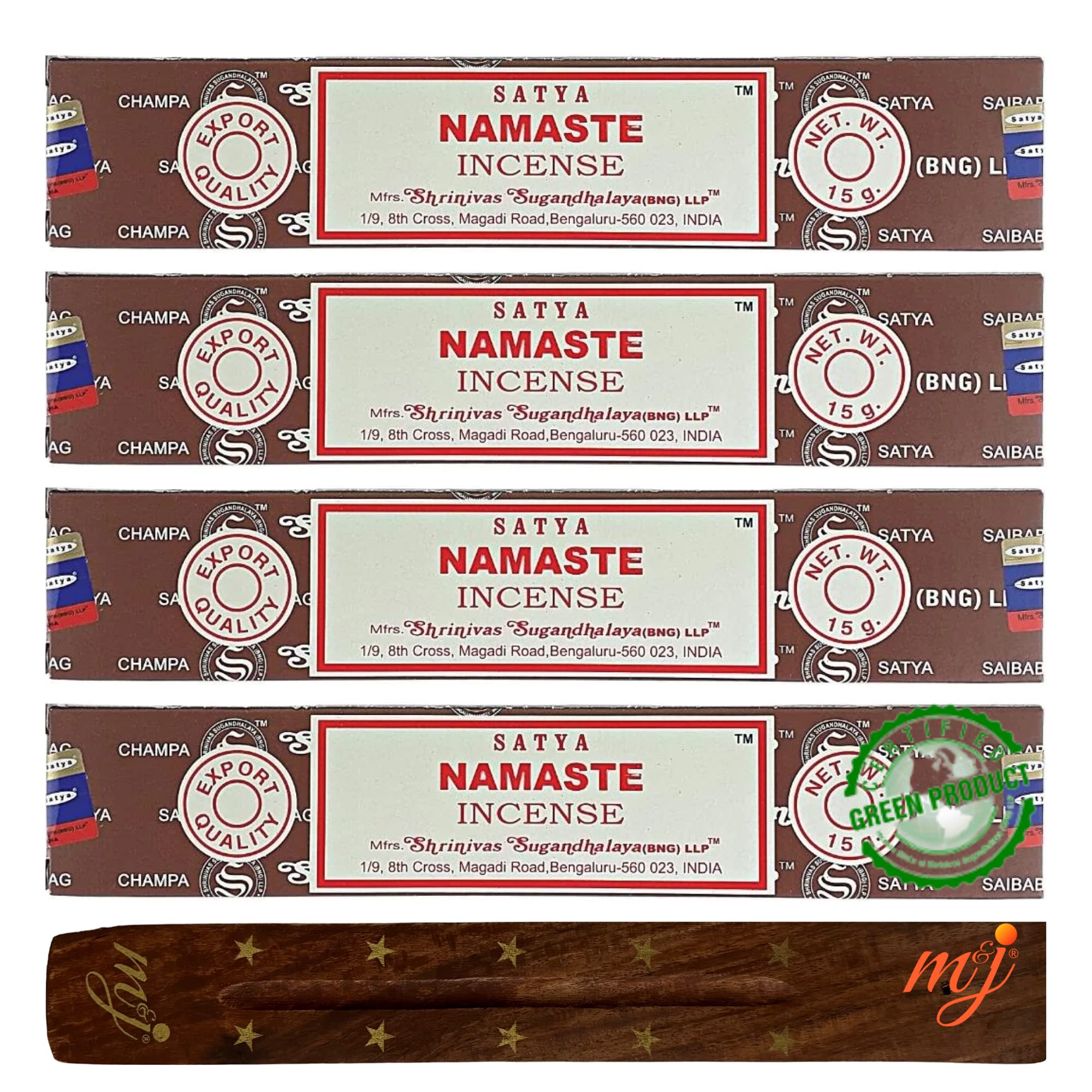 Original Satya Nag Champa Namaste Incense Sticks | with M&J incense sticks holder | x4 pack | for Aromatherapy, Spa, Yoga, Weddings, Meditation, Healing, Positivity and Relaxation — image 1
