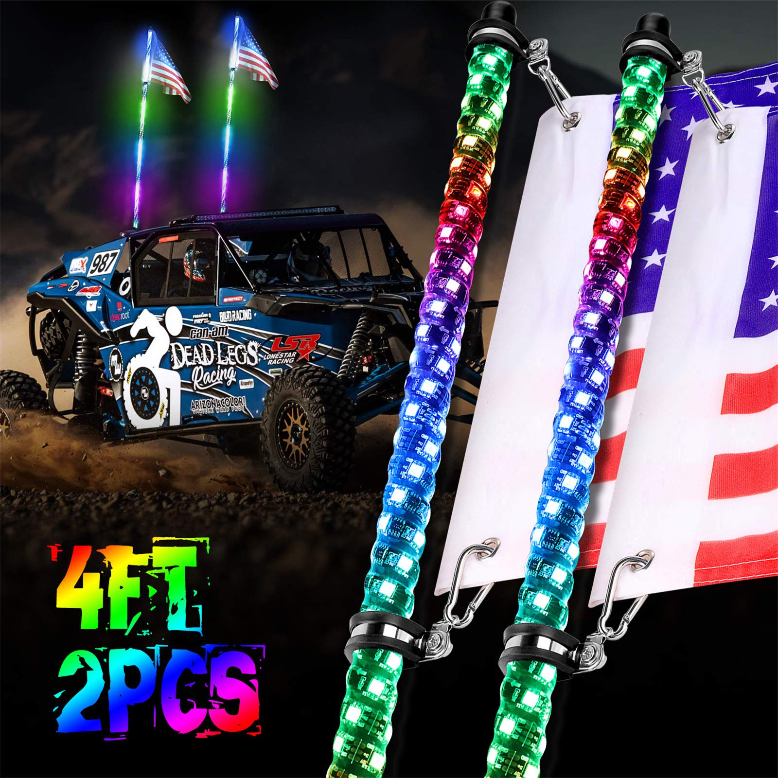 LED Whip Lights, OFFROADTOWN 2PCS 4FT RF Remote Control Spiral Lighted Whips RGB Dancing/Chasing