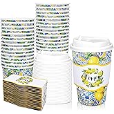 Whaline 50 Set Summer Lemon Disposable Coffee Cups with Lids 16oz Blue White Tiles Yellow Lemon Paper Drinking Cups Sleeves To Go Hot Coffee Cup for Flower Tea Birthday Wedding Baby Shower Party