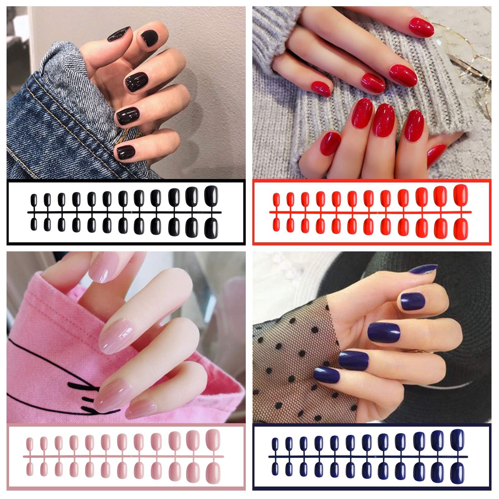 EBANKU 960pcs Short Colorful False Nails for Women Oval Press on Nails Glossy Acrylic Full Cover Artificial Fake Nail Tips with Nail File Nail Stick - Image 3