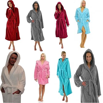 NATURA WALK Damen Kuschel-Bademantel mit Kapuze, Wellsoft, extra lang oder kurz in 6 Farben Grösse S in kurz, 140 cm, Farbe b