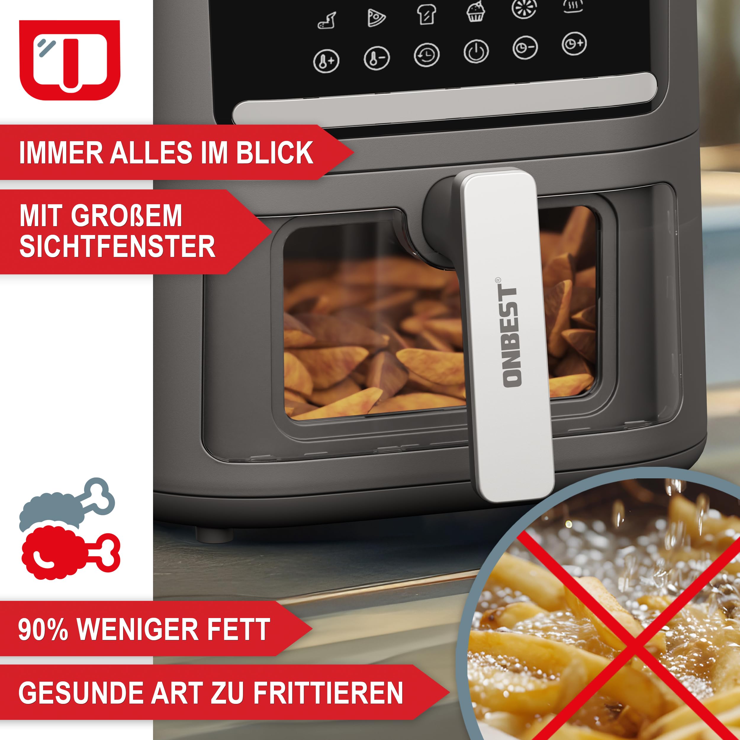 ONBEST Heißluftfritteuse mit großem Sichtfenster & 12 Kochprogrammen – XL Airfryer mit 6,5 Liter,1600 Watt PLUS 100x Backpapier – Frittieren ohne Öl für 2-5 Personen 3