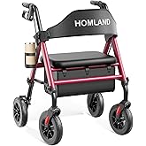 HOMLAND Walkers for Seniors with Seat, Foldable Rollator Walker, Reinforced Aluminum Frame, 8" Big Rubber Wheels for All Terrain, Height Adjustable Lightweight Rolling Walker