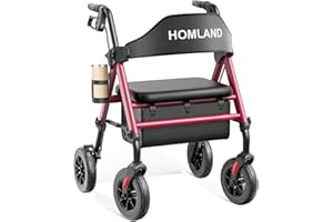 HOMLAND Walkers for Seniors with Seat, Foldable Rollator Walker, Reinforced Aluminum Frame, 8" Big Rubber Wheels for All Terrain, Height Adjustable Lightweight Rolling Walker