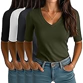 Locoowai 4 Pack Women's Half Sleeve T Shirts, Cotton V Neck Elbow Length Shirt Slim Fit 1/2 Sleeve Tops Casual Basic Tee(Black, White, Dark Gray, Army Green,X-Large)