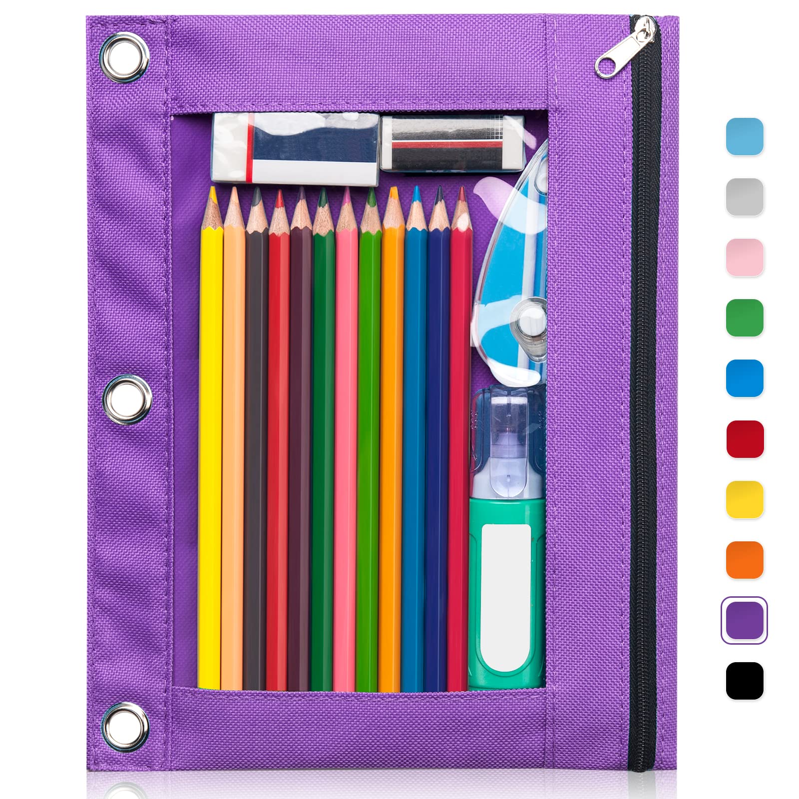 Photo 1 of Forvencer 3 Ring Binder Pencil Pouch - Clear Window Pencil Case with Smooth Zipper, Big Capacity Pencil Bag with 3 Reinforced Grommets, Purple