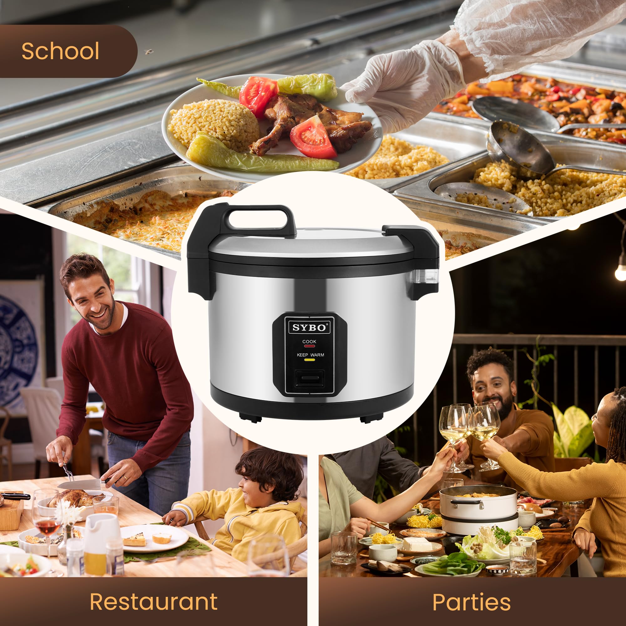 SYBO Commercial Rice Cooker and Warmer, 60 Cups Cooked (30 Cup Uncooked) Large Rice Cooker with Hinged Lid, Non-Stick Insert Pot, Stainless Steel Exterior