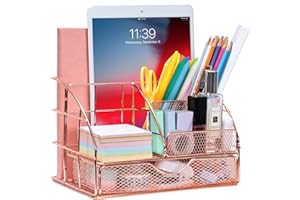 ARCOBIS Rose Gold Desk Organizer with Drawer, Office Desktop Pen Holder with 5 Compartments + 1 Large Drawer | The Mesh Colle