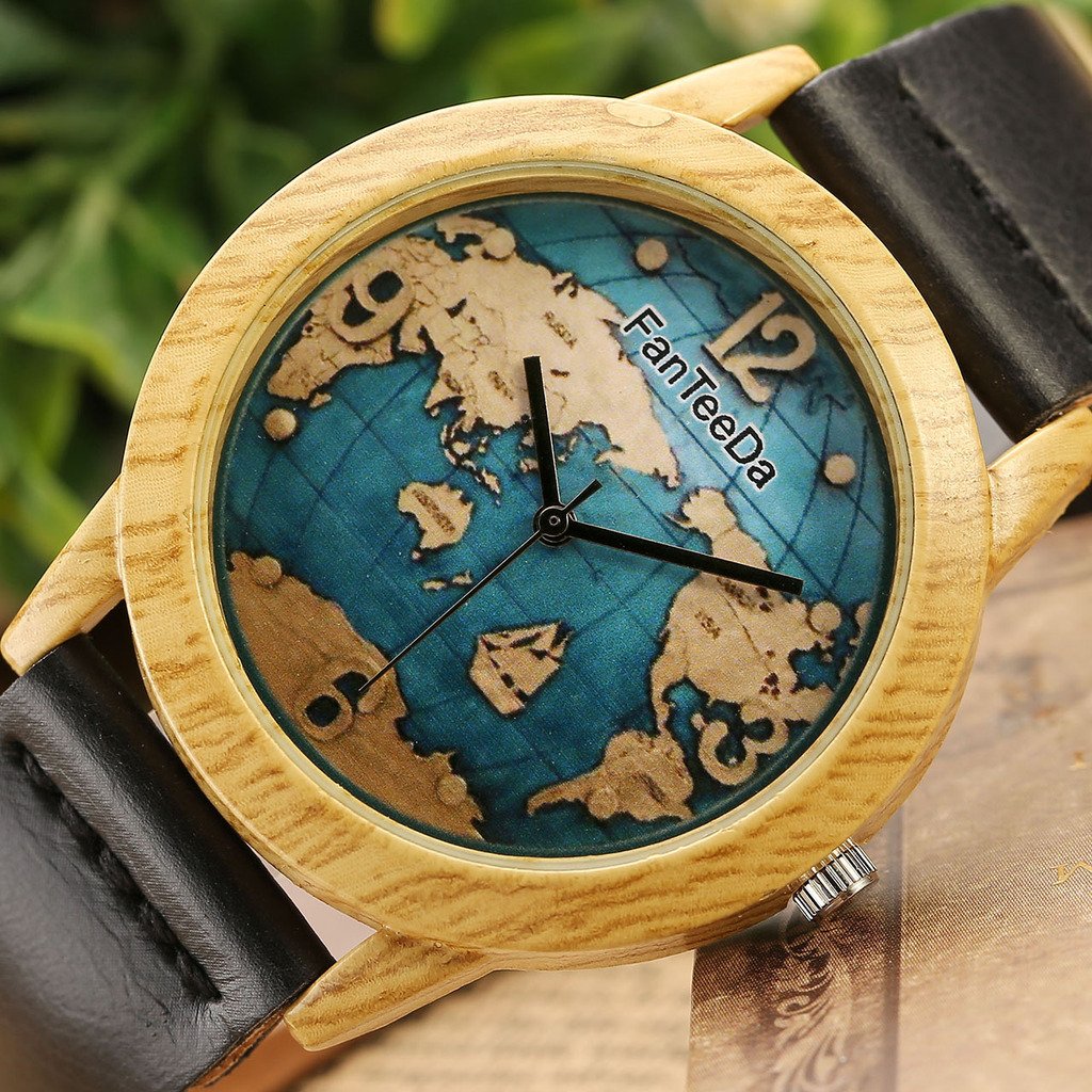 JSDDE Montre Femme Montre en Forme Bois Vintage Bracelet PU Cuir Noir(Carte du Monde)
