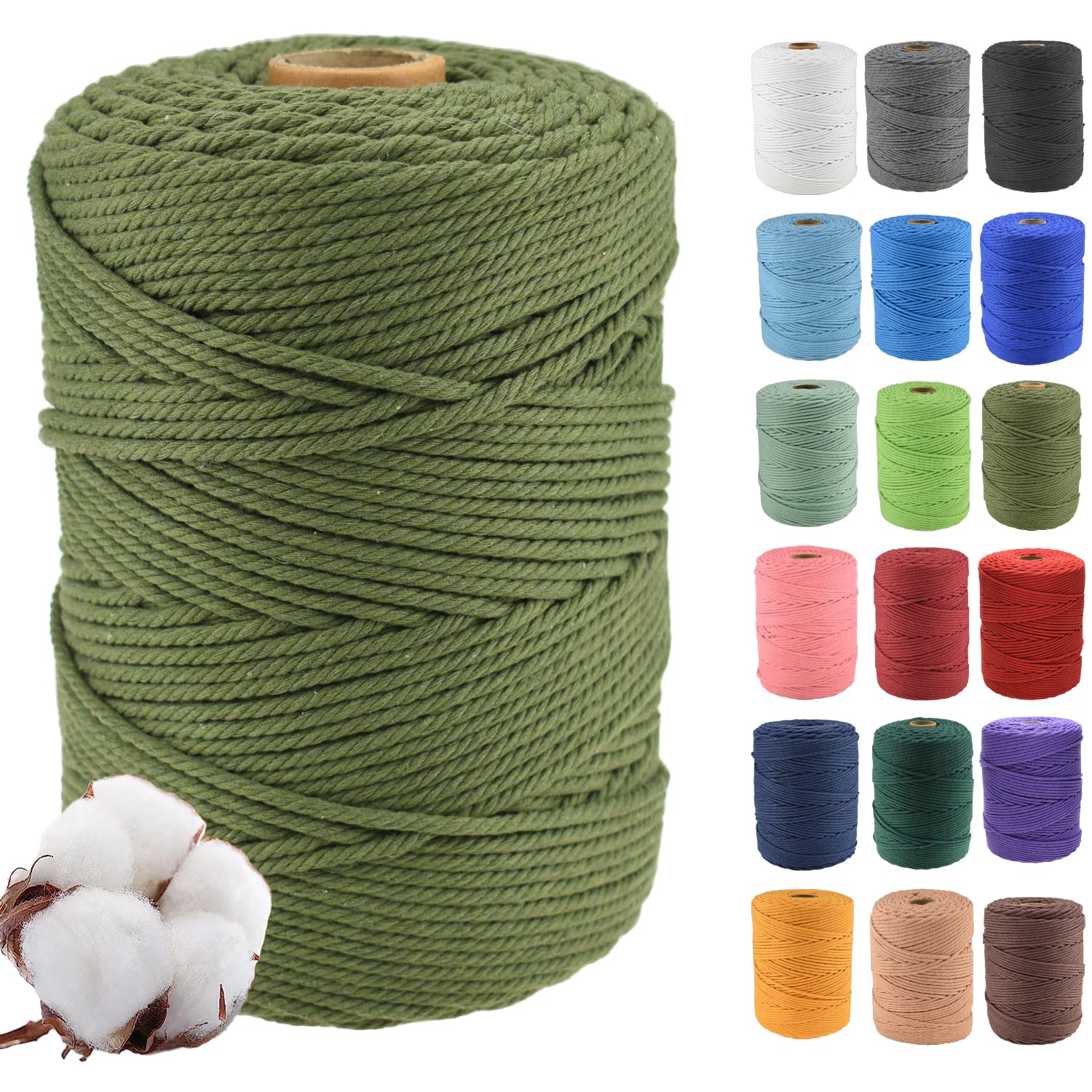 Klhamky 4mm×300m Macrame Cotton Cord, Soft 4 Strand Twisted 100% Natural Cotton for Handmade Wall Hanging, DIY, Craft Making, Knitting, Plant Hangers, Decorative Projects (4mm×300m, Olive Green)