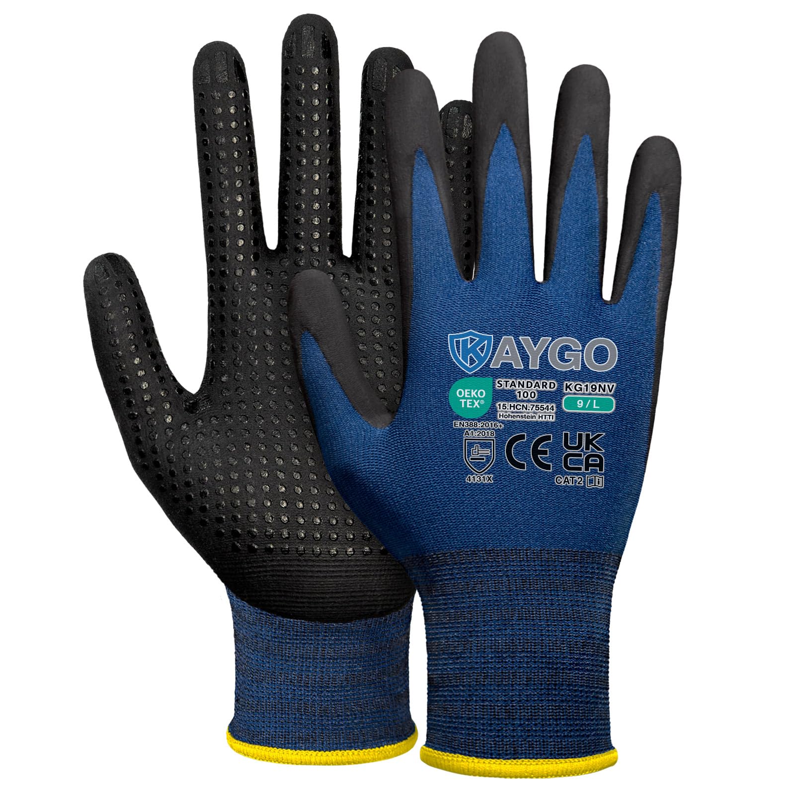 KAYGO Work Gloves with Grip Dots on Palm for Anti-Slip 12 Pairs, KG19N, MicroFoam Nitrile Coated Light Oil Compatible, Seamless Knit Nylon Gripper Work Gloves for Warehouse, Automotive (Navy Blue, L)