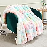 JONIYEAR Decorative Colorful Bubble Faux Rabbit Fur Throw Blanket 50" x 60", Thick Pastel Textured Warm Fluffy Blanket for Winter,Luxury Shag Cute Cozy Fuzzy Furry Lap Blankets for Couch Women,Rainbow