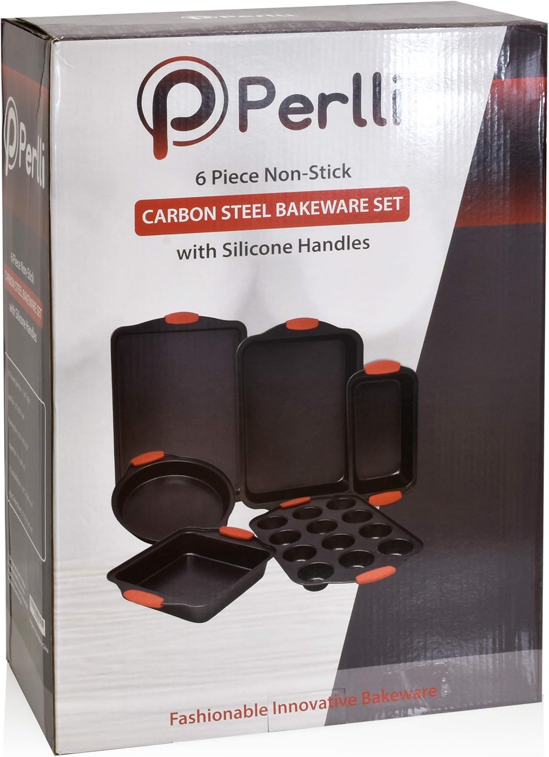 PERLLI 6 Piece Baking Pan Set Nonstick Carbon Steel Oven Bakeware Kitchen Set with Silicone Handles, Cookie Sheet, Cake Pans, Baking Trays, Cupcake Muffin Pan, 9x13 Roasting Pan, Loaf Pan Essentials: Kitchen & Dining