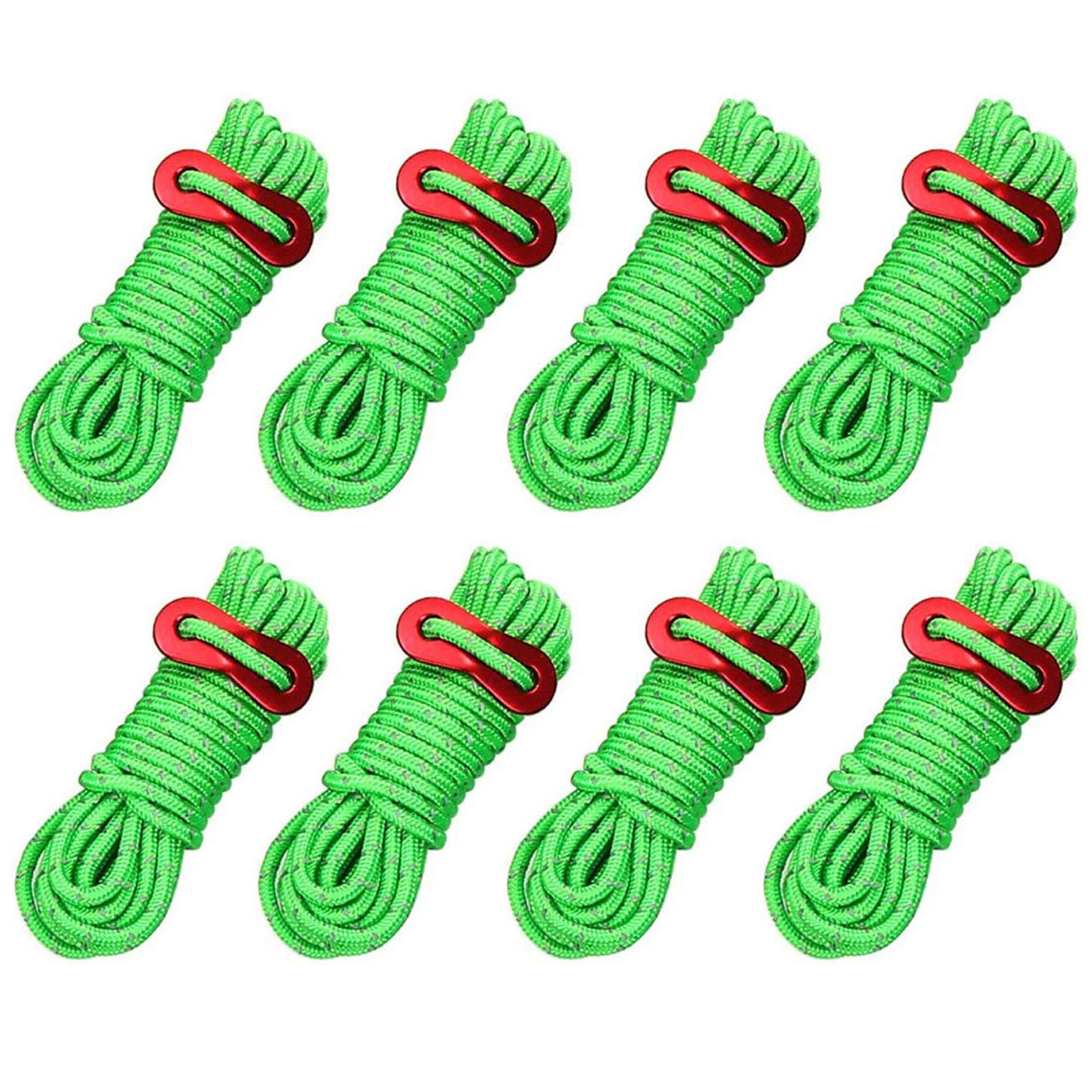 Cettkowns Reflective Tent Guy Ropes, 8-Pack 13 Feet Light-Weight Tent Guide Lines Cord with Aluminum Tensioners Adjuster for Outdoor Camping Hiking Awning Tents