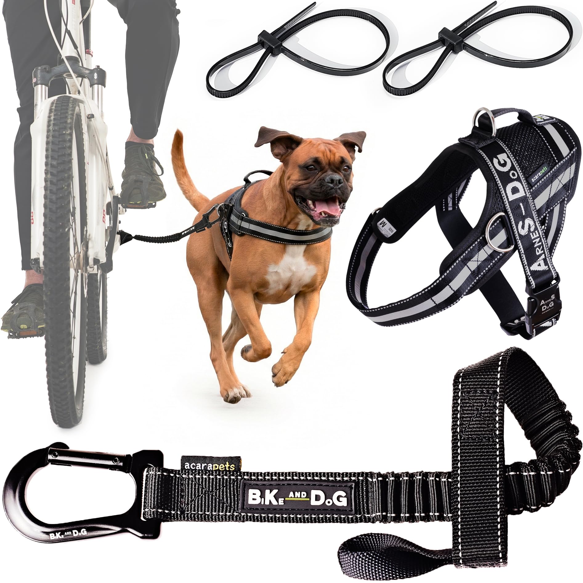 BIKE AND DOG - Dog leash and dog harness for bicycle, harness with side rings, includes 2 bicycle straps. Patented. (Black, Leash-harness M)