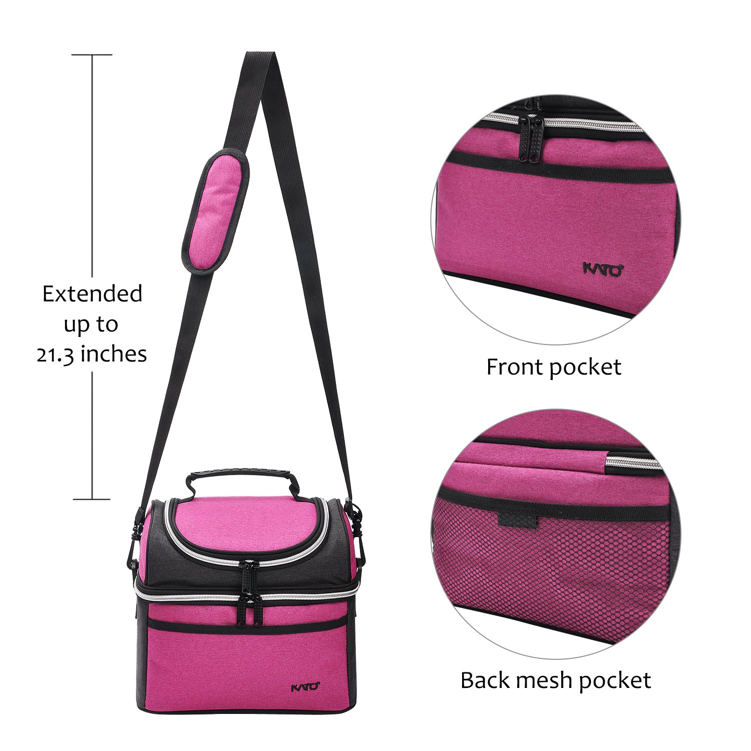 Kato Insulated Lunch Bag, Leakproof Thermal Bento Cooler Tote for Women, Dual Compartment with Shoulder Strap and Front Pocket, Oxford Cloth, Pink