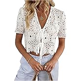 MakeMeChic Women's Boho Floral Lace V Neck Blouse Tie Front Short Sleeve Crop Tops