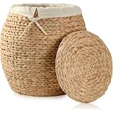 Storage Standard Wicker Basket with Lid Decorative Storage - Large Blanket Basket for Living Room, Plants, Organization, Handwoven Water Hyacinth Material w/Removable Cotton Liner &amp; Tall Round Design
