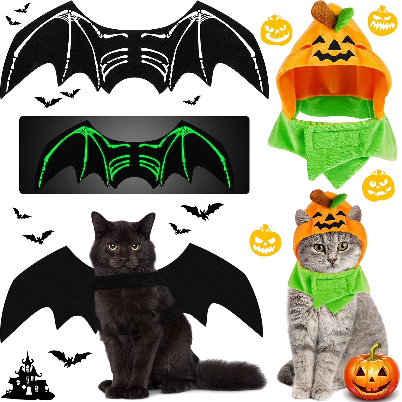 Photo 1 of 2 Pieces Halloween Pet Costumes Halloween Cat Bat Costume with Night Fluorescence and Halloween Pet Pumpkin Hat for Pet Cat and Small Dog Halloween Party Cosplay Party Decorations