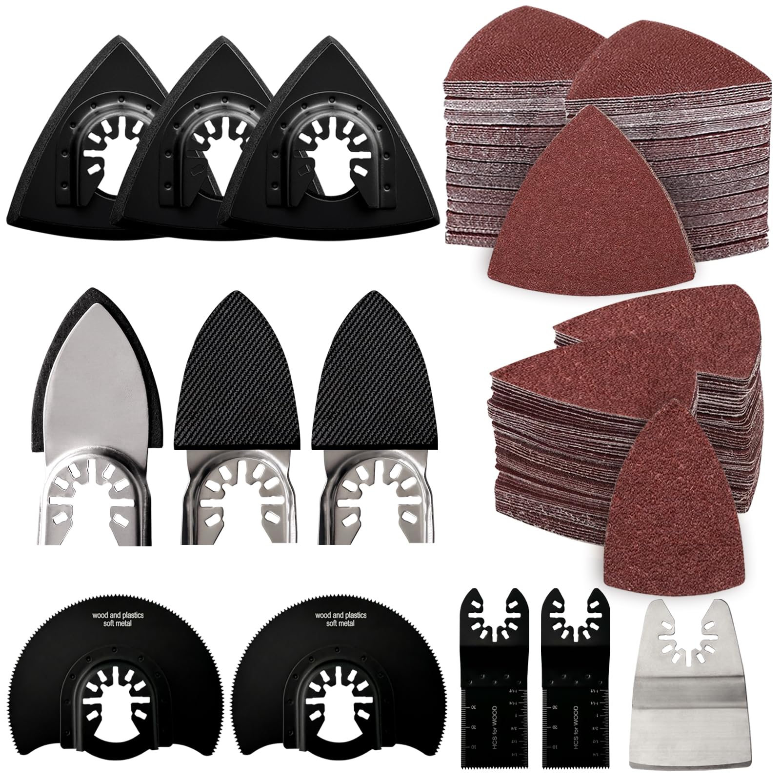 Photo 1 of 161Pcs Oscillating Tool Sanding Pad Kit, Includes 3Pcs Triangle Sanding Pads, 3Pcs Finger Sanding Pad, 150Pcs Sandpaper and 5 Saw Blades, for Wood Polish Sanding, & Other Surfaces