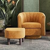 LINSY Swivel Accent Chair with Ottoman: Small Velvet Barrel Chair 360 Swivel Modern Armchair, Upholstered Reading Chair with