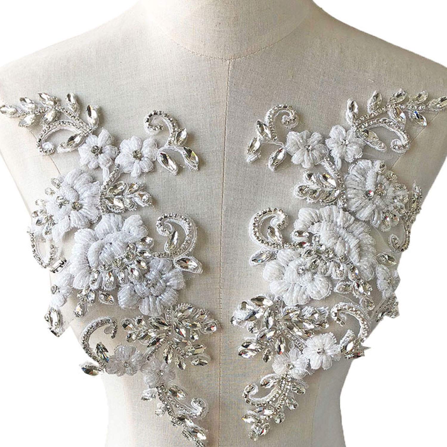 Photo 1 of Sparkling Rhinestone Applique Mirror Pair Beaded Crystal Embroidery Floral Patch Bling Accent for Wedding Dress Evening Gown White Color