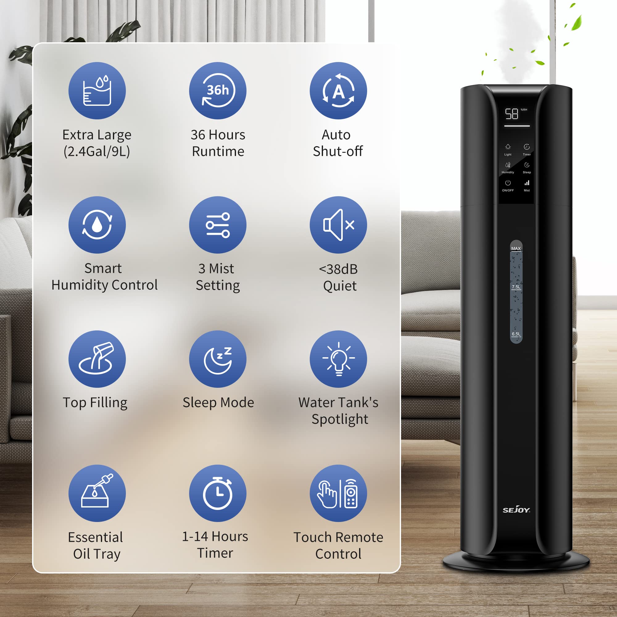 Humidifiers for Bedroom Large Room, 9L/2.4Gal Cool Mist Top Fill Humidifier with Essential Oil Remote Control 360°Nozzle for Home Baby Office Plants Bedroom (Black)