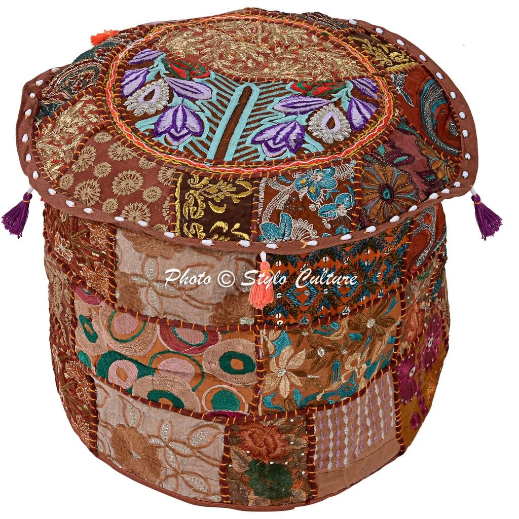 Stylo Culture Indian Large Floor Pouffe Seat Cover Fabric Footstool Cotton Patchwork Bohemian Ottoman Cover Brown Floral Pouffe Seat Tuffet Bean Bag Living Room Furniture (22x22x14) (COVER ONLY)