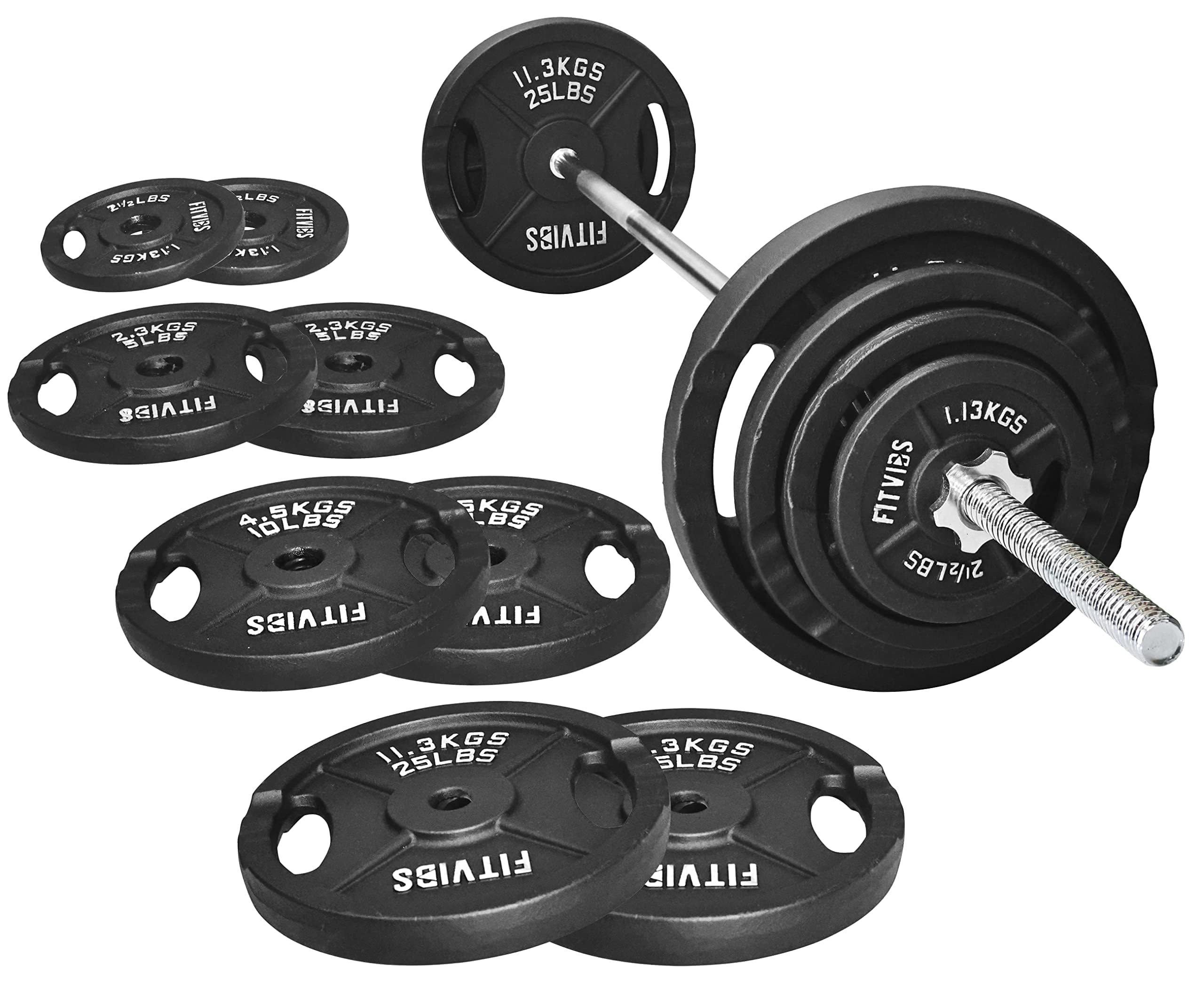 Photo 1 of ****BARBELL ONLY**** Fitvids 1 Inch Standard Barbell Weight Plates and Bar Set, 5 FT Barbell Bar and 85 LB(2.5-25 LB) Barbell Weight Set for Home Gym Strength Training, Double-grip Design