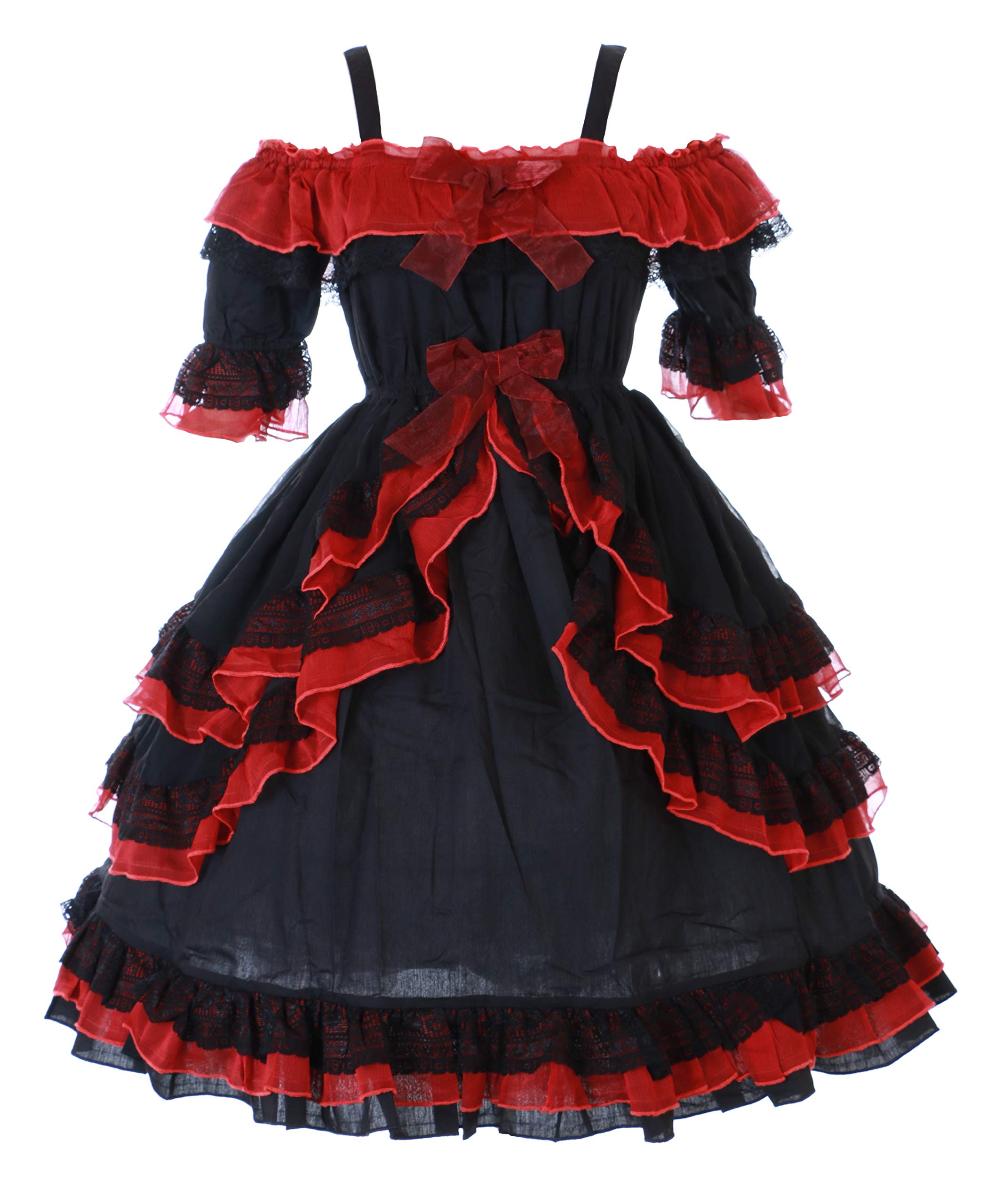 Kawaii-Story JL-695 Red Black Bow Chiffon Ruffle Gothic Dark Lolita Off Shoulder Dress Costume Cosplay (S-M)
