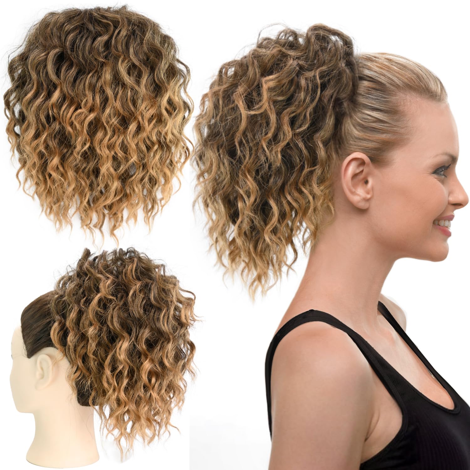 Allyreetress Messy Bun Hair Piece, Yaki Textured Sweet Loose Wavy Curly Hair Bun Hair Toppers Synthetic Hairpieces Pony Tails Short Drawstring Ponytail Extensions for Women(T1B/27)