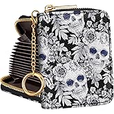 Bistup Credit Card Holder for Women Cute Small for Ladies Teen Girls Female Rfid Leather Cardholder Wallets with Keychain Accordion Organizer Purse Skull and Flower Girly Aesthetic Print Unique Zipper
