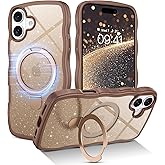 BENTOBEN Magnetic for iPhone 16 Case with Invisible Kickstand Ring [Compatible with Magsafe] Clear Glitter Curly Wavy Bumper Non-Slip Shockproof Women Men Phone Cover for iPhone 16, Desert Titanium