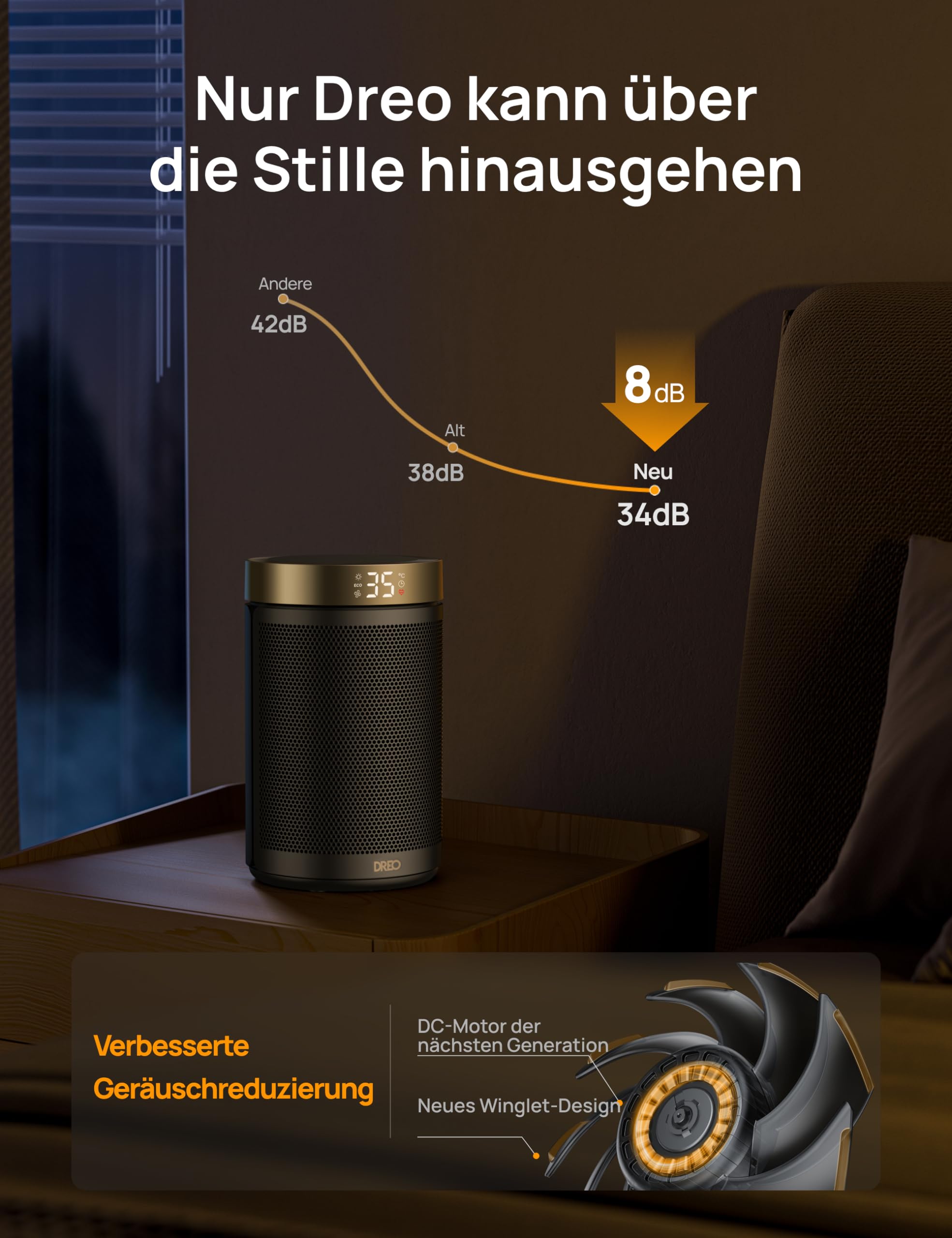 Dreo Energiesparender Heizlüfter, 34 dB Leiser 1500W Elektrischer PTC Keramik, Thermostat, Überhitzungs- & Kippschutz, 12 Std. Timer, Elektroheizung für Räume Schlafzimmer, Heater 316, Gold 8