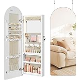 SONGMICS Wide Jewelry Organizer, LED Jewelry Cabinet Wall/Door Mounted, Arched Mirror with Storage, Lockable, Rounded Corner, Interior Mirror, 3.9 x 16.5 x 42.5 Inches, Cloud White UJJC020W01