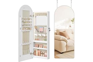 SONGMICS Wide Jewelry Organizer, LED Jewelry Cabinet Wall/Door Mounted, Arched Mirror with Storage, Lockable, Rounded Corner, Interior Mirror, 3.9 x 16.5 x 42.5 Inches, Cloud White UJJC020W01