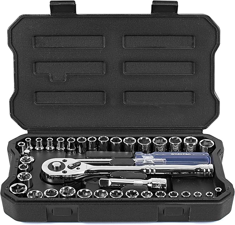 WORKPRO 39-Piece Drive Socket Set 1/4 and 3/8, CR-V Metric Imperial Sockets