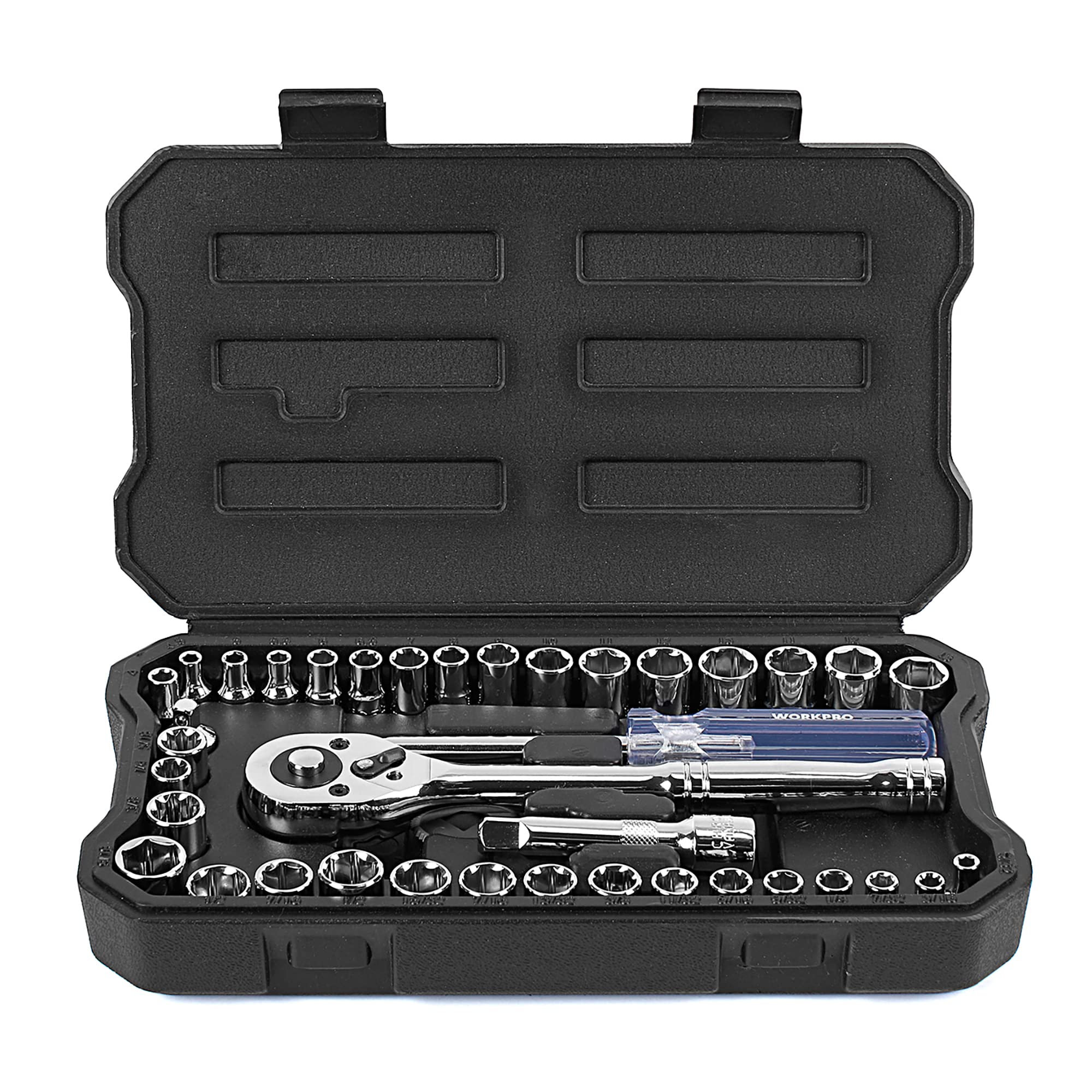 Photo 1 of WORKPRO 39-Piece Drive Socket Set 1/4''3/8'', CR-V Metric and Imperial Sockets with Quick-Release Ratchet Wrench, Compact Sockets Set for Car Repair