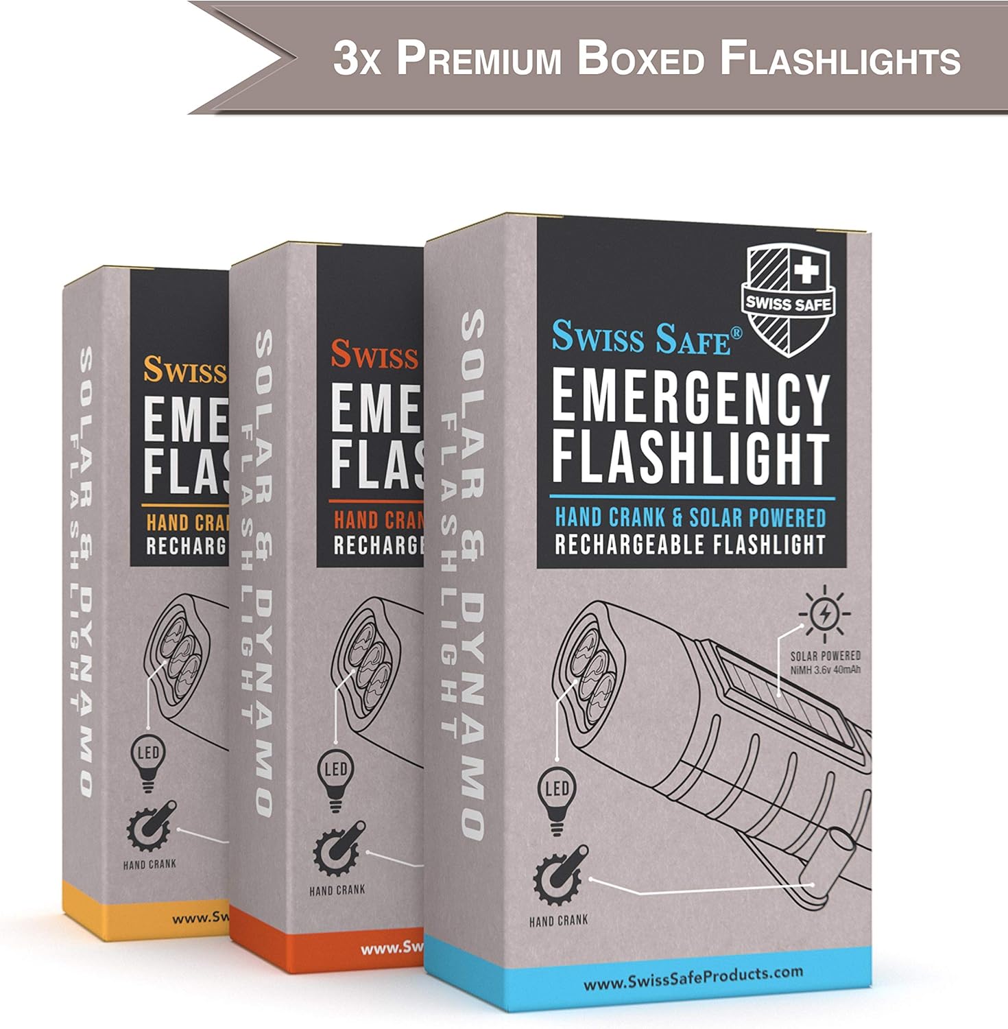 Rechargeable Flashlights (3-Pack) with Solar Power & Hand Crank + BONUS Glow-in-the-Dark Emergency Flashlight Included - High Lumen LED's, Tactical Grip, Mini Keychain Carabiner for EDC & Outdoor Camp - - 