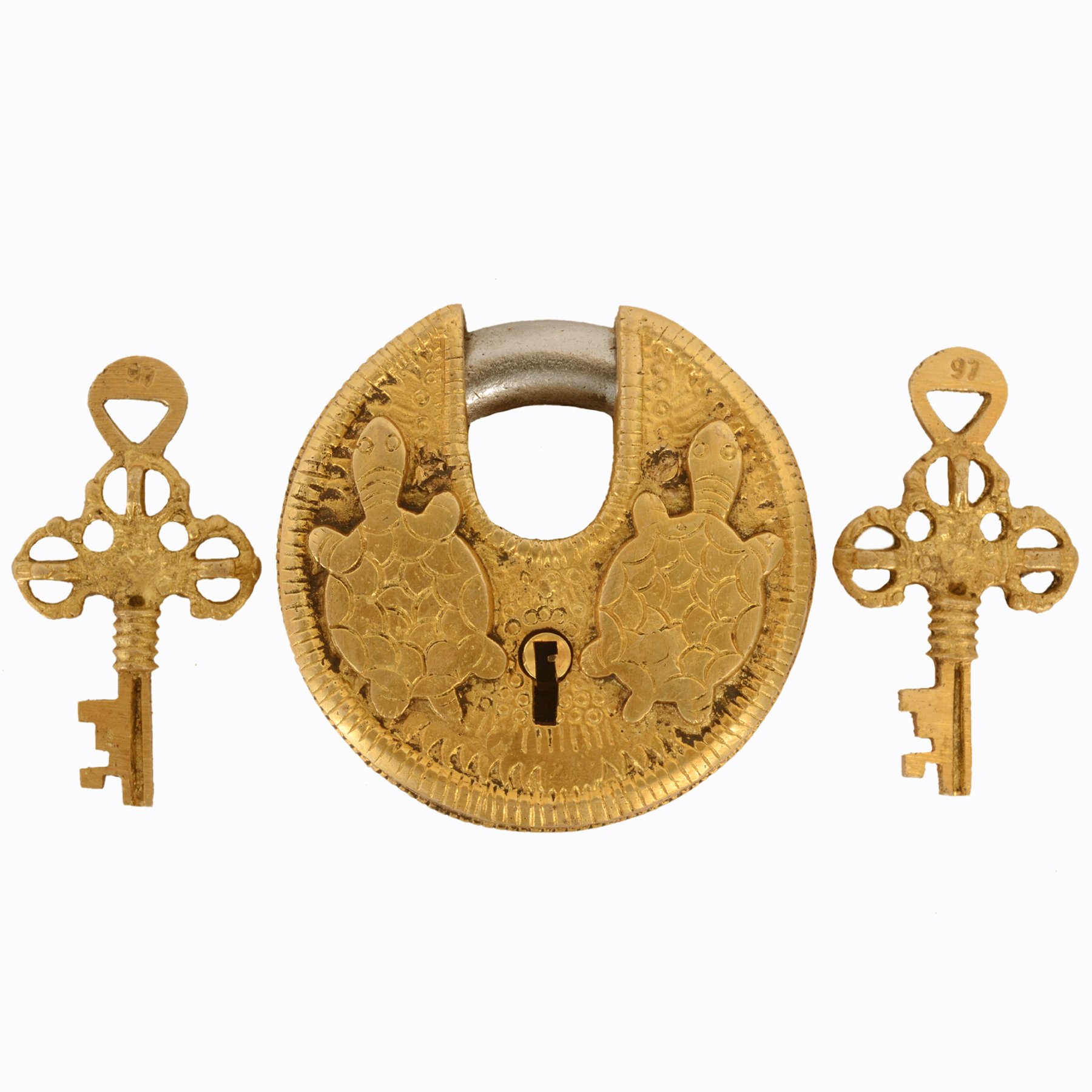 Purpledip Brass Lock Padlock with Tortoise/Turtle: Round Antique Design; Unique Collectible Combination with Feng Shui Vastu Significance (11045)