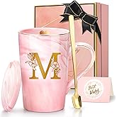 Coffee Mugs - Birthday Gifts for Women, Personalized Initial Customized Mug 14 Oz PinkTea Cup with Lid Spoon Greeting Card, Luxury Gift-Boxed Christmas Gift for Her Wife Mom Grandma Friend Unique,M