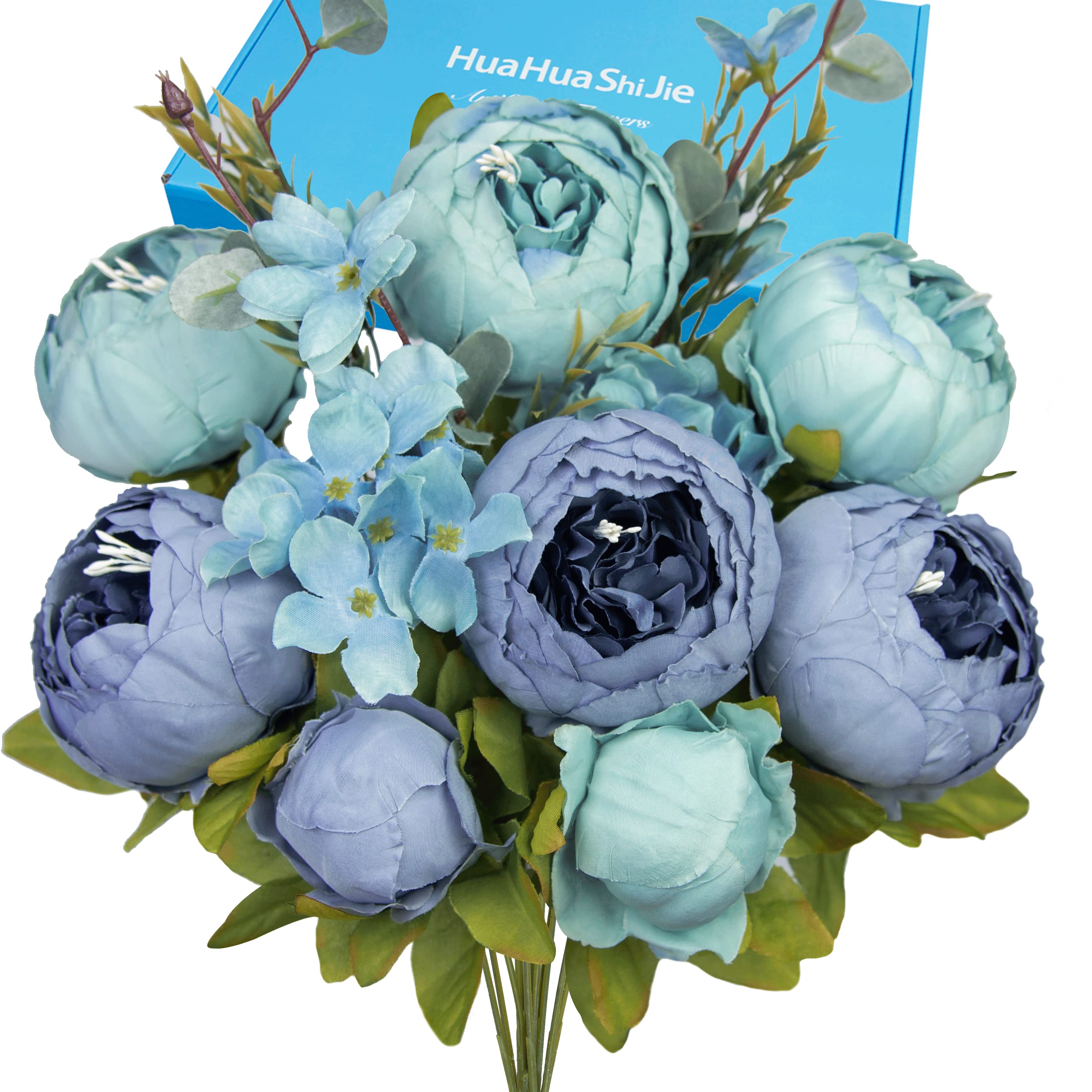HUAHUASHIJIE Vintage Artificial Peonies Silk Peony Flowers Bouquet for Wedding Bridal Home Décor – Beautiful Floral Centerpiece Arrangement Decoration with 2 Bouquets (Mixed Blue)