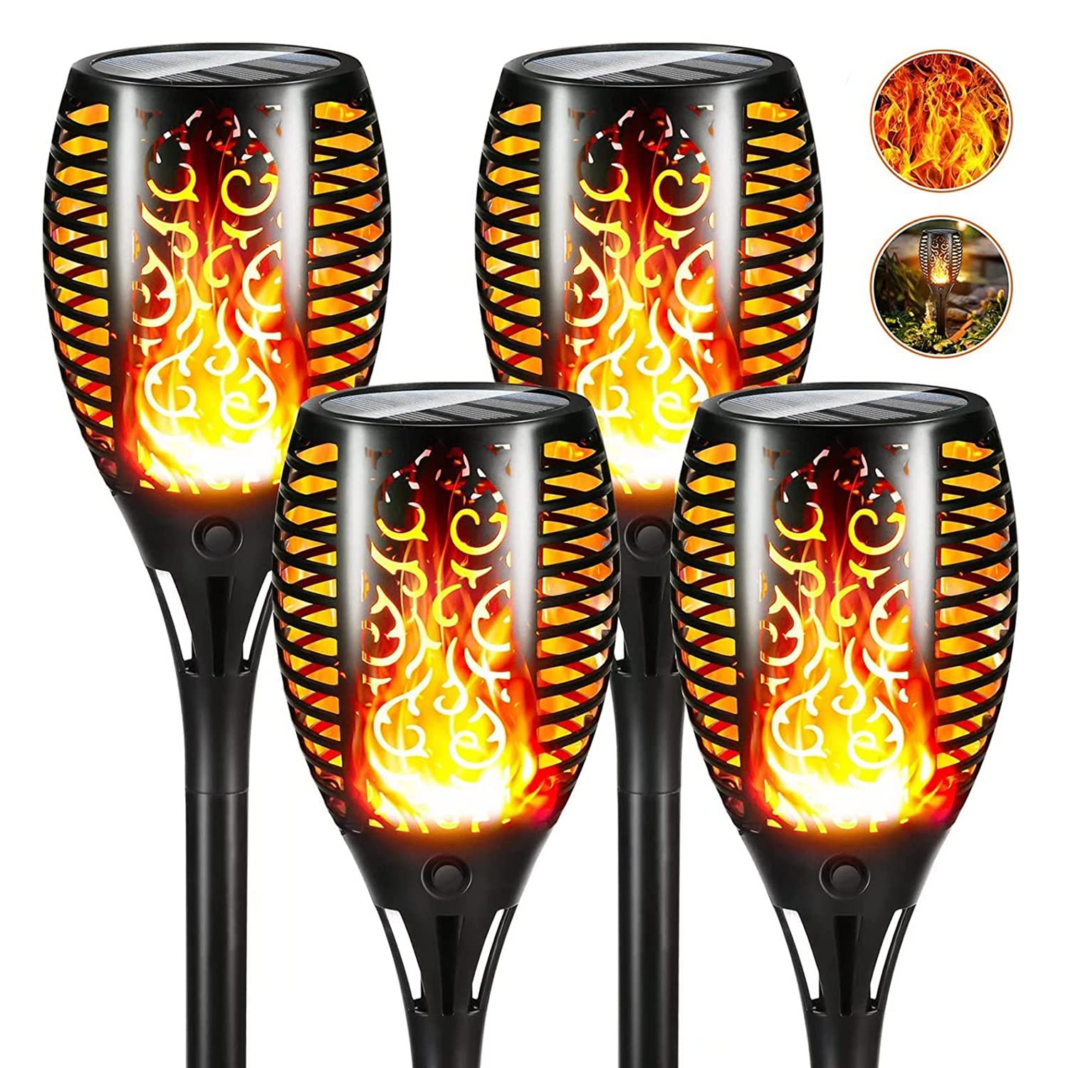Hobubu 4 Pack Flickering Dancing Flame Solar Lights, IP65 Waterproof, Outdoor Garden Ornaments, Solar Torch Lights, Landscape, Pathway Yard Patio Driveway