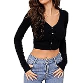 Uoobeetryy Womens Black Long Sleeves Cropped Cardigan Button Down Knit V-Neck Crop Top…, Small
