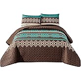 WPM WORLD PRODUCTS MART Southwest Teal/Beige/Brown Print Bedspread 3 Piece Navajo/Native American Tribal Design Microfiber Cabin Lodge Quilt Set- Queen Size Southwestern Bedding Makala (Queen)
